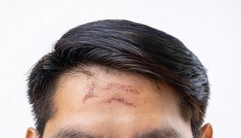 close-up of a scar on the forehead caused by a fall, showcasing healing jagged lines and visible skin texture in isolated white background photo