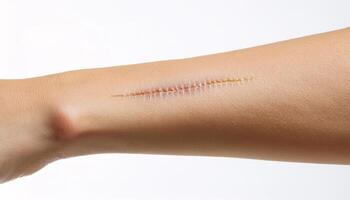 close-up of a long, healed scar from a knife cut on the forearm, showing precise skin details and clear stitch marks in isolated white background photo