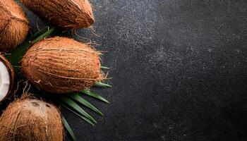 top-down view of fresh coconuts arranged on green palm leaves with a textured black background and ample copy space, tropical fruit photography showcasing organic coconut shells and halves photo