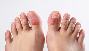 close-up of chilblains on toes with swollen, red, and itchy skin showing irritation and inflammation on a white background photo