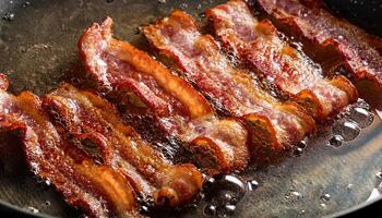 crispy bacon slices frying in hot oil with sizzling bubbles and curling edges for a delicious texture photo