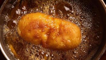 top view of golden potato dough frying in bubbling hot oil creating crispy textures with detailed frying process photo