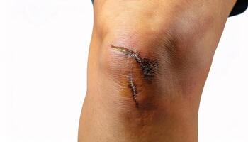 Close-up of a scar on the shin from tripping over tree roots, textured and uneven in isolated white background photo