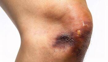 macro image of a scar from a radiator burn on the lower leg, showing discoloration and healing texture in isolated white background photo