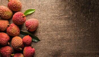 top-down view of fresh lychee fruits with pink and red textured skin, arranged on a rustic burlap background, showcasing their vibrant natural colors and green leaves photo