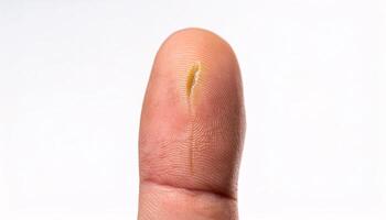 detailed close-up of a scar on a finger caused by a sharp knife during cooking, showing precise details of healing and textured skin in isolated white background photo