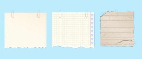set of retro grunge stickers for notes, scraps of paper on a paper clip vector