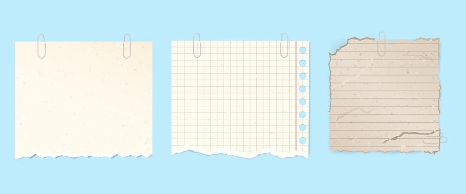 set of retro grunge stickers for notes, scraps of paper on a paper clip