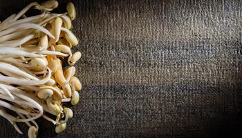 top-down view of fresh organic bean sprouts on a rustic textured brown fabric surface, healthy plant-based ingredient for culinary and lifestyle photography photo
