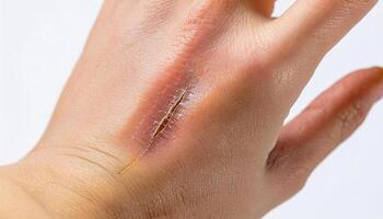 macro shot of a jagged scar from a glass laceration on the back of the hand, displaying healing process and precise texture in isolated white background photo