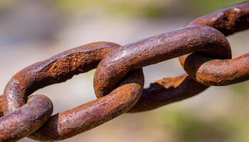 close-up of rusted chain links with detailed corrosion texture and weathered metal surface for industrial and abstract backgrounds photo