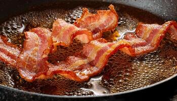closeup of crispy bacon slices sizzling in hot oil with vibrant bubbling textures and golden edges photo