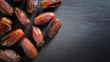close-up of shiny dried dates on dark slate background with copy space for text or design, healthy and natural sweet snack concept photo