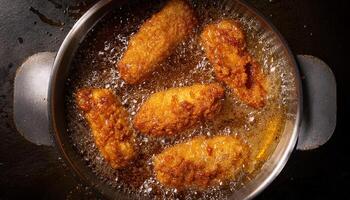 top view of chicken tenders frying in bubbling oil with a golden brown crispy crust forming photo