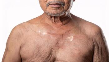 close-up of aged male chest with visible wrinkles, fine creases, pigmentation, and loose skin texture on isolated white background photo