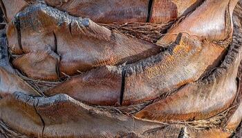 close-up of palm tree bark with layered, fibrous texture and unique ring-like patterns in natural earthy tones photo