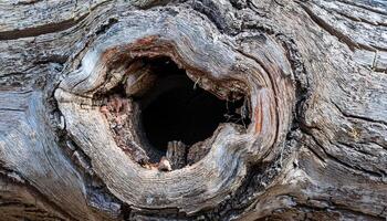 macro view of a hollowed-out tree trunk with cracked dry bark and textured wooden growth rings photo
