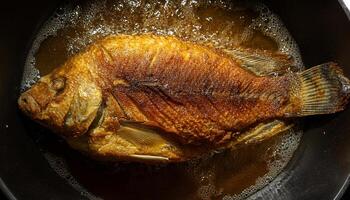 top view of a whole tilapia fish frying in hot oil with golden crispy crust and rich detailed texture photo