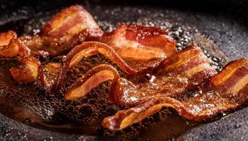 thin slices of bacon frying in sizzling hot oil with curling edges and bubbles forming around photo