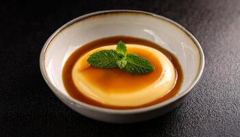 creamy egg custard dessert with caramel sauce garnished with fresh mint leaf in ceramic bowl photo