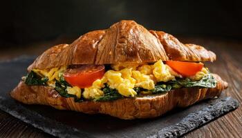 croissant sandwich with scrambled eggs, spinach, and tomato served on rustic wooden background photo