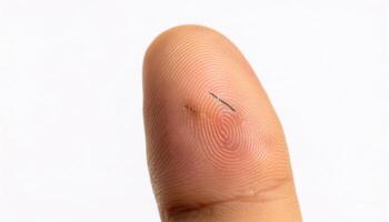 detailed close-up of a small scar on a finger caused by a sharp knife during cooking, showcasing delicate skin texture and healing process in isolated white background photo
