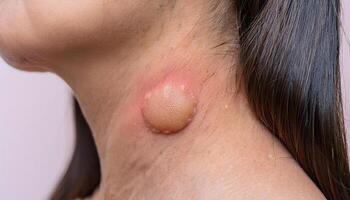 macro view of an inflamed neck boil with pus-filled center and red surrounding skin, close-up medical dermatology image photo