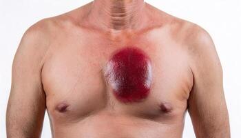 macro view of an enlarged cherry angioma on the chest with a bright red and glossy appearance, isolated on a clean white background photo