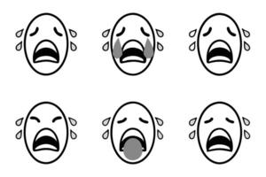 Collection of crying emoji faces with bold outlines and dramatic tears, ideal for representing intense emotions in visual content, line art vector