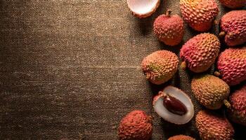 top-down view of fresh lychee fruits with pink and red textured skin, arranged on a rustic burlap background, highlighting a split lychee with juicy white flesh and glossy brown seed photo