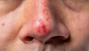 macro view of rosacea redness on the nose and cheeks with small pustules and inflamed skin detail photo