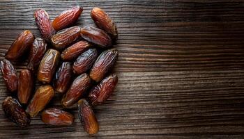 top-down view of fresh dried dates on rustic wooden surface with ample space for text or design, healthy natural snack concept photo