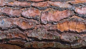 close-up of spruce bark with rough flaky texture and natural resin streaks in earthy tones photo