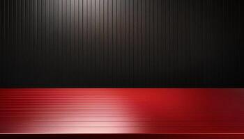 bold red table with glossy black vertical wall background for product showcase or modern minimalist interior design photo
