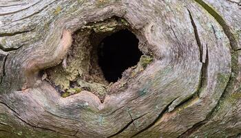 macro view of a hollowed-out tree trunk with natural cracks and weathered bark, featuring moss and organic textures photo