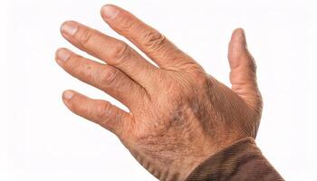 macro view of an elderly hand with visible age spots and wrinkles, showcasing natural skin texture isolated on white background photo