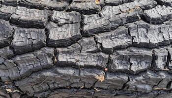 macro view of charred tree bark with deep cracks and blackened textures after fire damage photo