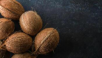 close-up top-down view of whole coconuts with textured shells against a dark background, rustic and organic tropical fruit arrangement for food and natural product concepts photo