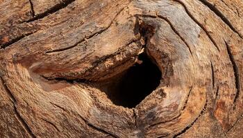 macro view of a hollowed-out tree trunk with swirling wood grain patterns and dry cracked bark details in natural tones photo