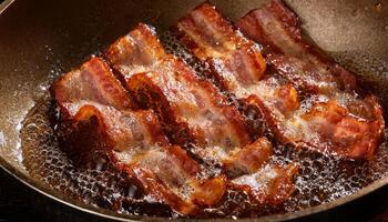 top view of crispy bacon strips frying in hot oil with bubbling textures and curling golden edges photo