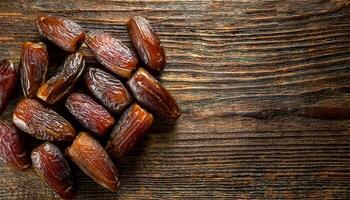 top-down view of dried dates on rustic wooden surface with ample negative space for text, organic and natural sweet snack concept photo