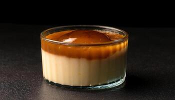 creamy egg pudding dessert topped with caramel glaze in a glass container close-up photo