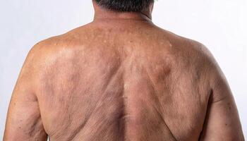Detailed view of aged skin on the lower back, with subtle folds and pigmentation in isolated white background photo