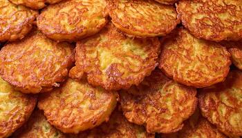 pile of crispy golden hash browns layered chaotically with crunchy texture and rustic details photo