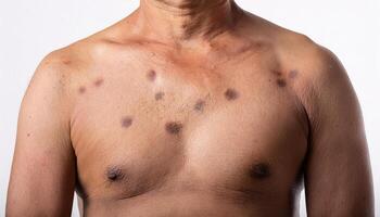 macro view of dark age spots on the chest with noticeable pigmentation and uneven skin tone in isolated white background photo
