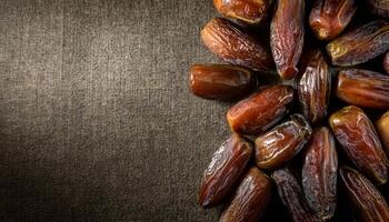 close-up of glossy dried dates on textured burlap fabric with dramatic lighting and empty space for design or text photo