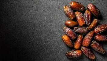 top-down view of glossy dried dates arranged on dark textured background with empty space for copy, natural and healthy snack concept photo