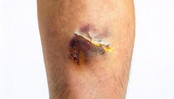 macro image of a severe burn scar on the lower leg from a radiator accident, showing discoloration and healing texture in isolated white background photo