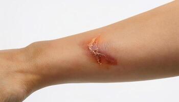 detailed image of a scar caused by a stovetop burn on the forearm with slight redness and visible healing texture on isolated white background photo