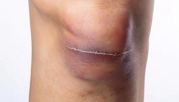 Macro view of a scar on the shin from falling on concrete, healed but prominent in isolated white background photo